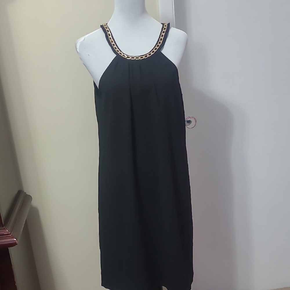Calvin Klein Black Halter Dress with Gold Chain Detail. Size 10